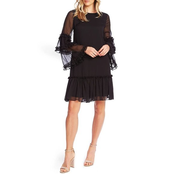 CECE Ruffle Chiffon Shift Dress in Black - Small - Picture 3 of 3